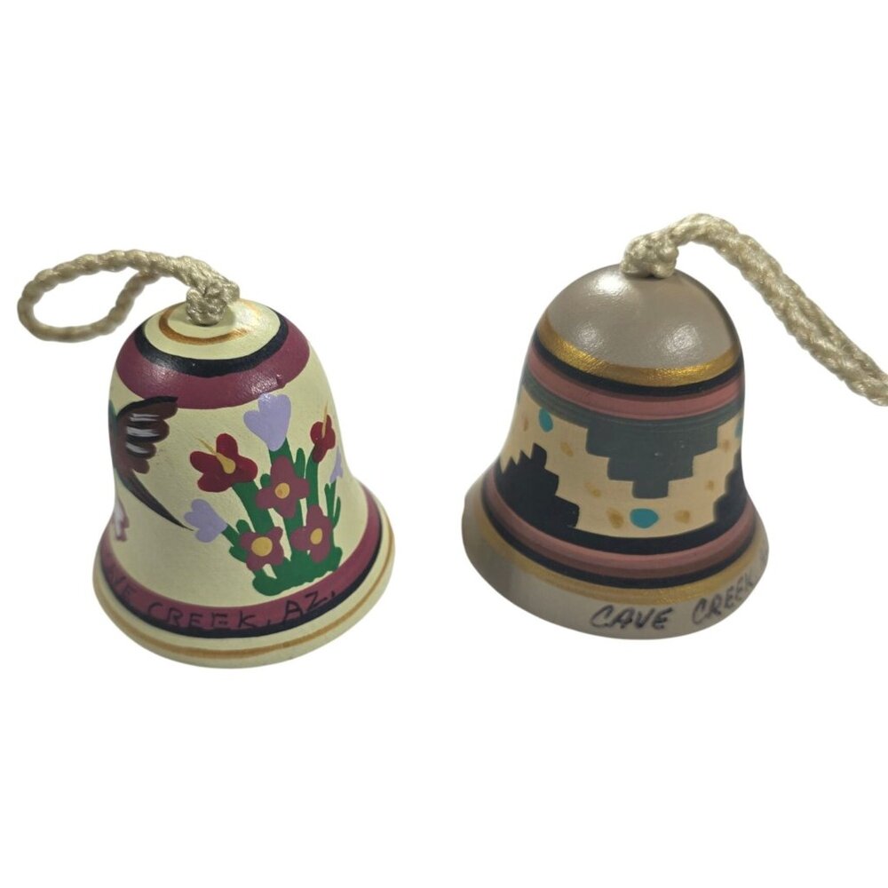 Set of 2 Hand-Painted Ceramic Souvenir Bells Cave Creek AZ Floral Southwest
